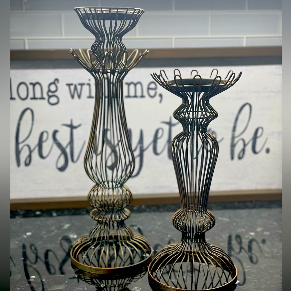 Rare Vintage 2 Pcs Tall Metal Patina Bronze Candle Holders